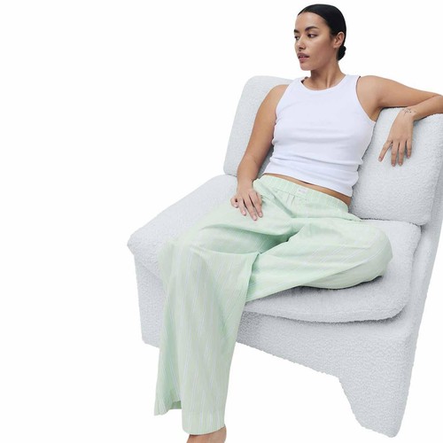 M&S Womens Pure Cotton Striped Wide Leg Pyjama Bottoms, 14, Green thumbnail 5