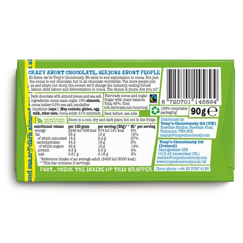 Tony's Chocolonely Dark Almond Sea Salt Small Snack Bar thumbnail 2