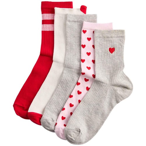 M&S Womens Ribbed & Heart Crew Socks, 6-8, Red Mix