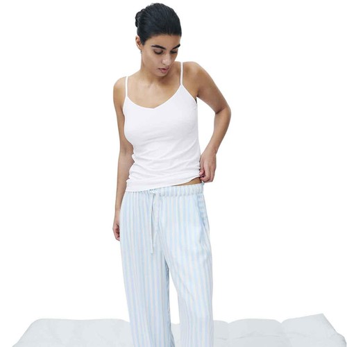 M&S Womens Twill Wide Leg Pyjama Bottoms, 10, Blue thumbnail 2
