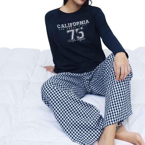 M&S Womens Pure Cotton Printed Long Sleeve Pyjama Set, M, Navy thumbnail 3