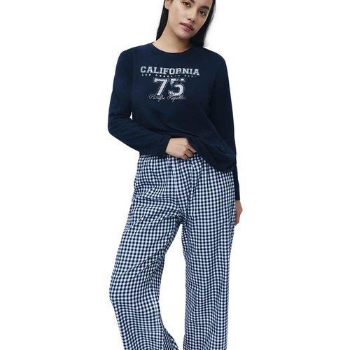 M&S Womens Pure Cotton Printed Long Sleeve Pyjama Set, L, Navy thumbnail 2