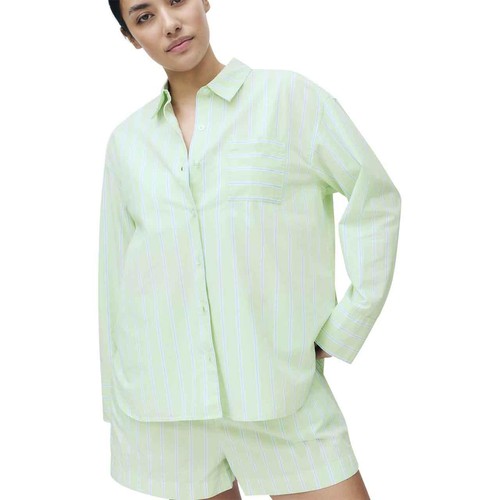 M&S Womens Pure Cotton Poplin Striped Pyjama Top, 16, Green thumbnail 2