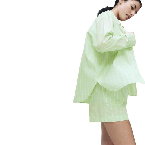 M&S Womens Pure Cotton Poplin Striped Pyjama Top, 16, Green thumbnail 5