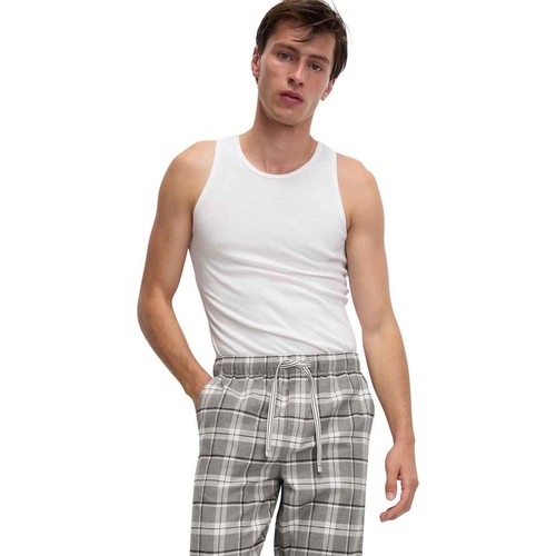 M&S Mens Pure Cotton Checked Loungewear Bottoms, XXL, Grey thumbnail 2