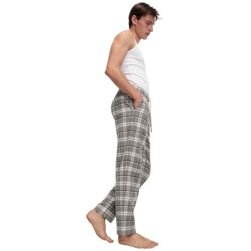 M&S Mens Pure Cotton Checked Loungewear Bottoms, L, Grey thumbnail 5
