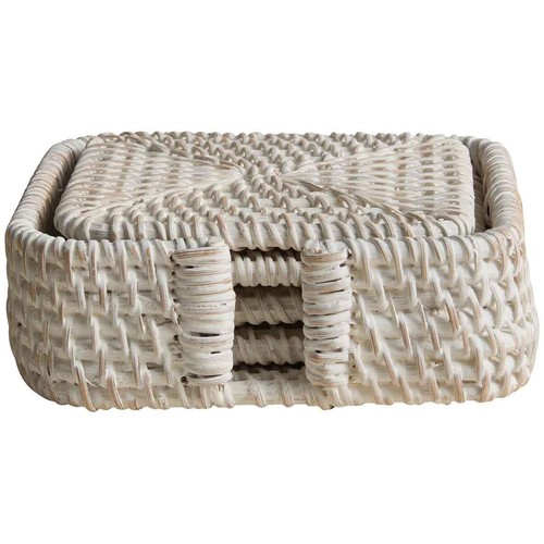 M&S Set of 4 Rattan Washed Coasters with Holder, White