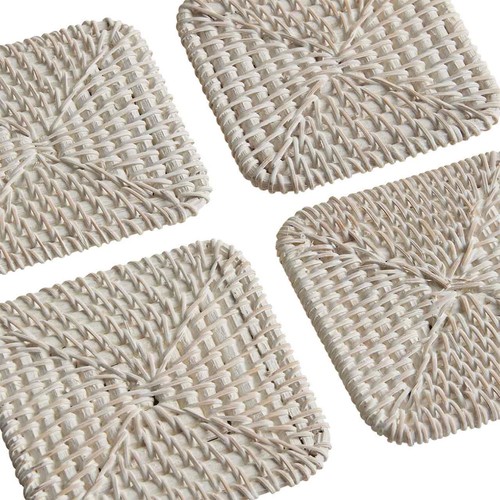 M&S Set of 4 Rattan Washed Coasters with Holder, White thumbnail 2