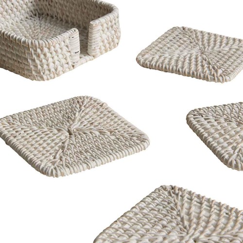 M&S Set of 4 Rattan Washed Coasters with Holder, White thumbnail 3