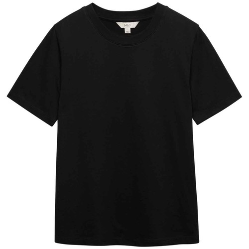M&S Womens Pure Cotton Everyday Fit T-Shirt, Size 14, Black