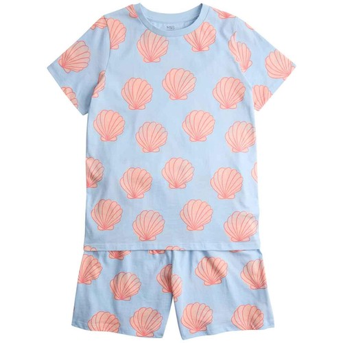 M&S Girls Pure Cotton Shell Short Pyjamas, 11-12 Years, Blue Mix
