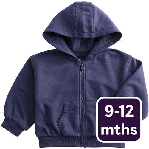 M&S Boys Cotton Rich Navy Zip Through Hoodie, 9-12 Months, Navy