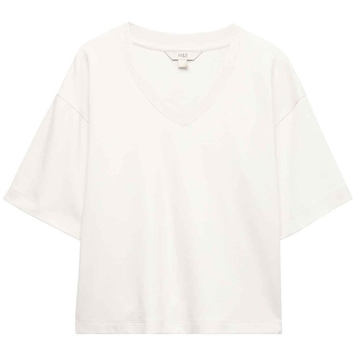 M&S Womens Pure Cotton Heavyweight V-Neck Top, Size 12, Soft White