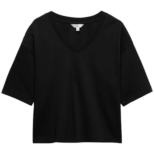M&S Womens Pure Cotton Heavyweight V-Neck Top, Size 10, Black