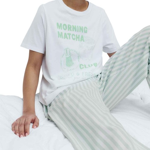 M&S Womens Pure Cotton Pyjama Set With Woven Bottoms, Small, Green Mix thumbnail 4