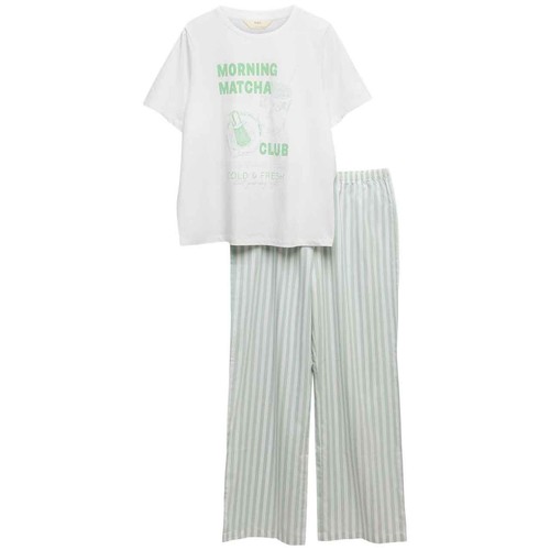 M&S Womens Pure Cotton Pyjama Set With Woven Bottoms, Large, Green Mix