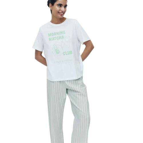 M&S Womens Pure Cotton Pyjama Set With Woven Bottoms, Large, Green Mix thumbnail 2