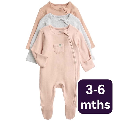 M&S Unisex Cotton Rich Ribbed Sleepsuits, 3-6 M, Blush