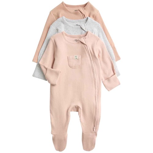 M&S Unisex Cotton Rich Ribbed Sleepsuits, 3-6 M, Blush thumbnail 2