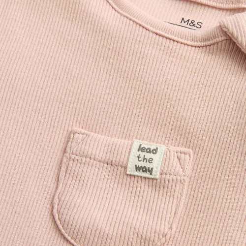 M&S Unisex Cotton Rich Ribbed Sleepsuits, 3-6 M, Blush thumbnail 3