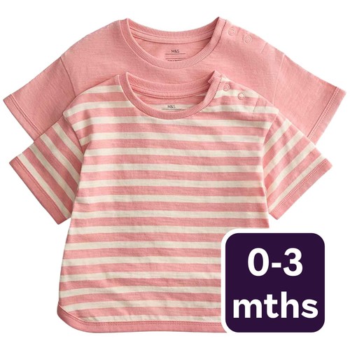 M&S Girls Pure Cotton Patterned Tops, 0-3 Months, Pink Mix
