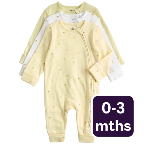 M&S Girls Cotton Rich Lemon Sleepsuits, 0-3 Months, Yellow