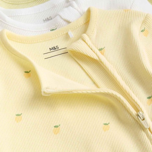 M&S Girls Cotton Rich Lemon Sleepsuits, 0-3 Months, Yellow thumbnail 3