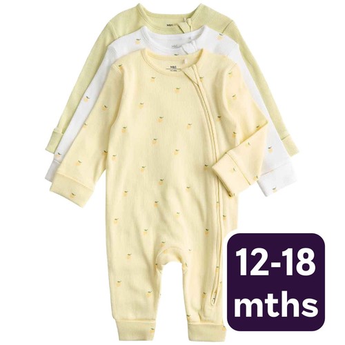 M&S Girls Cotton Rich Lemon Sleepsuits, 12-18 Months, Yellow
