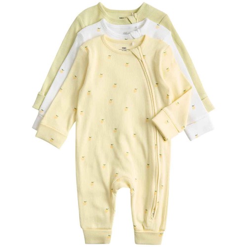 M&S Girls Cotton Rich Lemon Sleepsuits, 12-18 Months, Yellow thumbnail 2