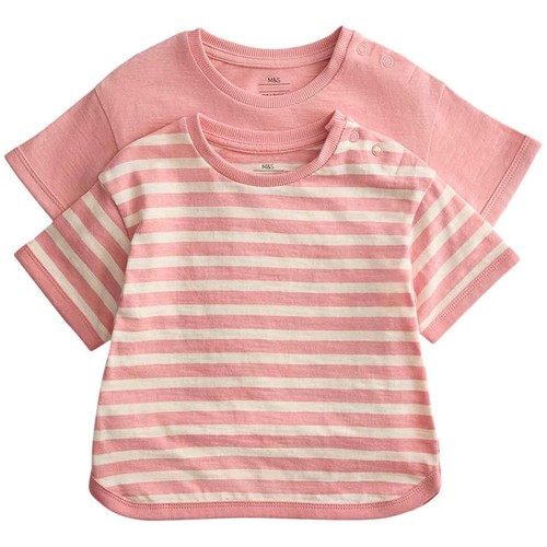M&S Girls Pure Cotton Patterned Tops, 6-9 Months, Pink Mix thumbnail 2