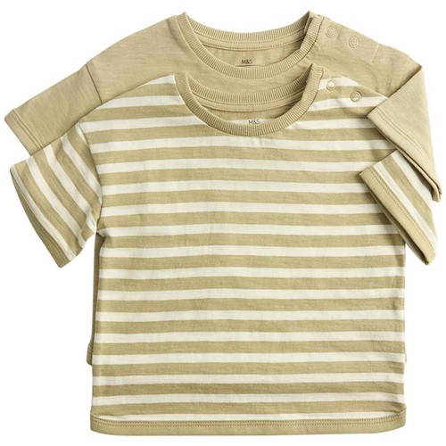 M&S Boys 2 Pack Pure Cotton Stripe T-Shirts, 2-3 Years, Khaki thumbnail 2