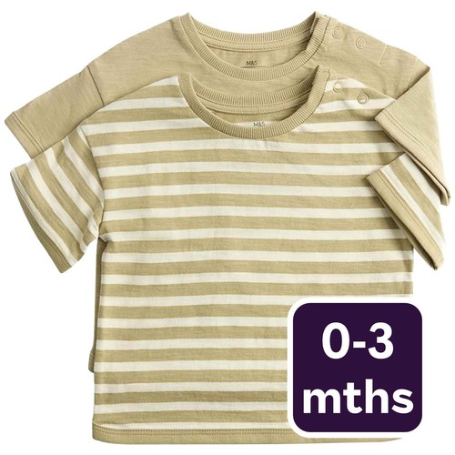 M&S Boys 2 Pack Pure Cotton Stripe T-Shirts, 0-3 Months, Khaki