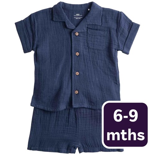 M&S Boys 2 Piece Pure Cotton Outfit, 6-9 Months, Navy