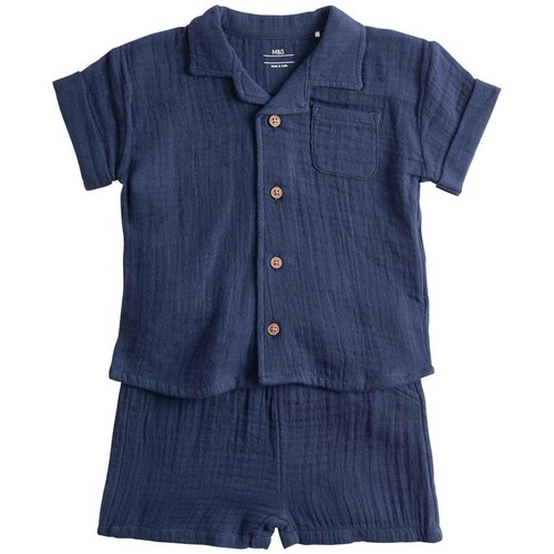 M&S Boys 2 Piece Pure Cotton Outfit, 6-9 Months, Navy thumbnail 2
