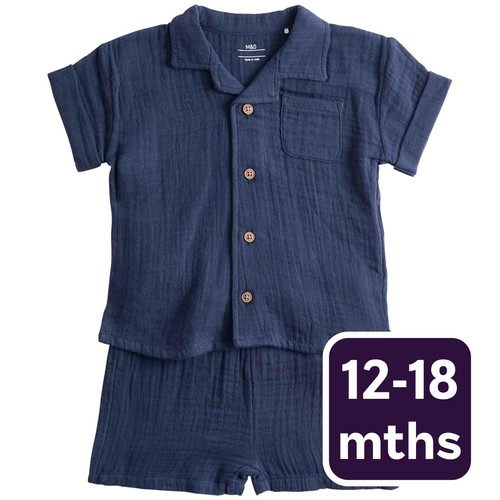 M&S Boys 2 Piece Pure Cotton Outfit, 12-18 Months, Navy