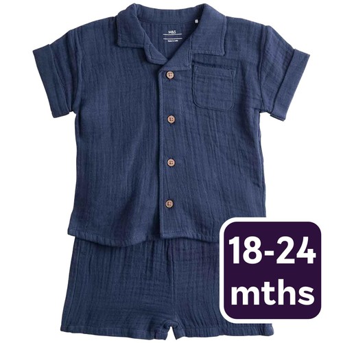 M&S Boys 2 Piece Pure Cotton Outfit, 18-24 Months, Navy