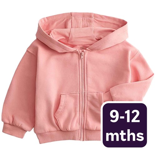 M&S Girls Cotton Rich Pink Zip Hoodie, 9-12 Months, Pink