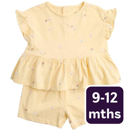 M&S Cotton Cupcake Jersey Top and Short, 9-12 M, Yellow