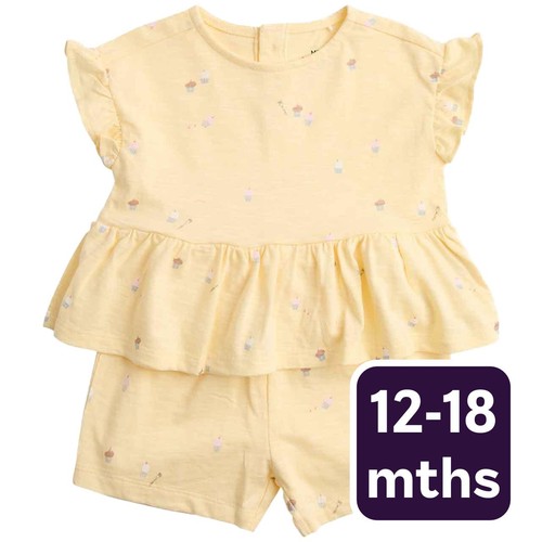 M&S Cotton Cupcake Jersey Top and Short, 12-18 M, Yellow