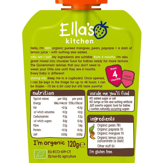 Ella's Kitchen Mangoes, Pears & Papaya Baby Food Pouch 4+ Months thumbnail 2