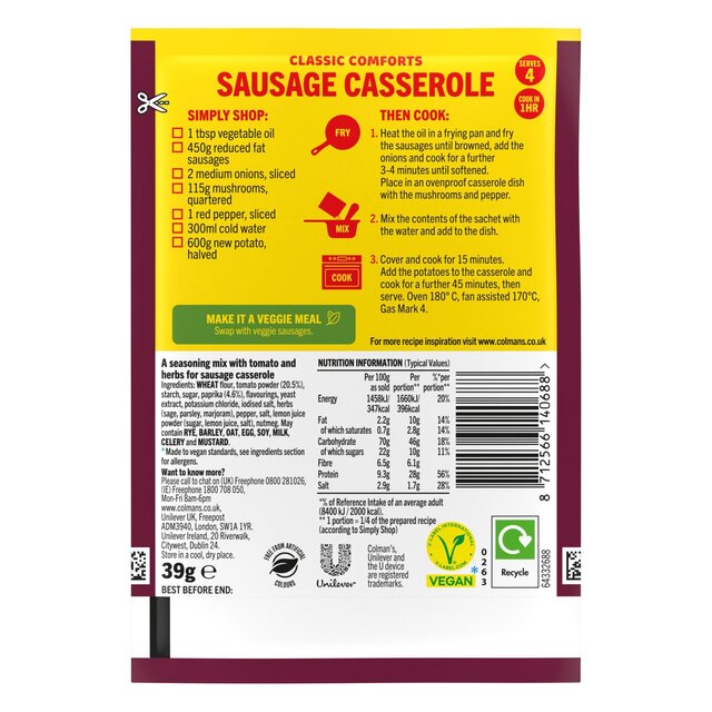 Colman's Sausage Casserole Recipe Mix 45G thumbnail 6
