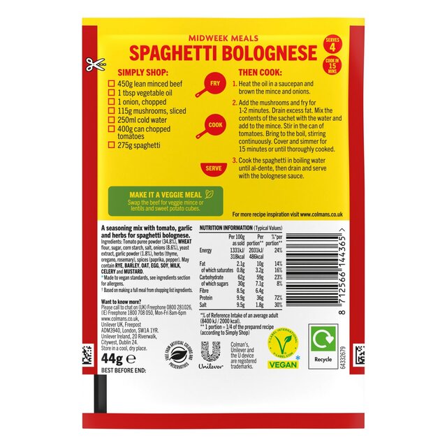 Colman's Spaghetti Bolognese Recipe Mix 44G thumbnail 5