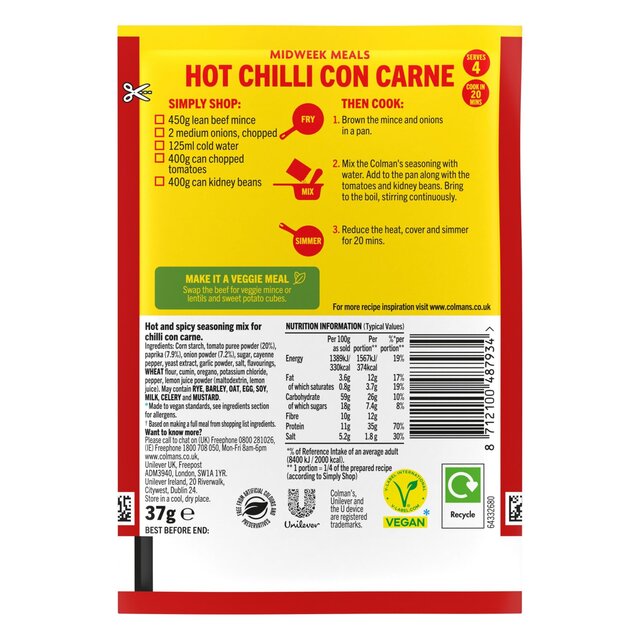 Colman's Hot Chilli Con Carne Recipe Mix 37G thumbnail 4