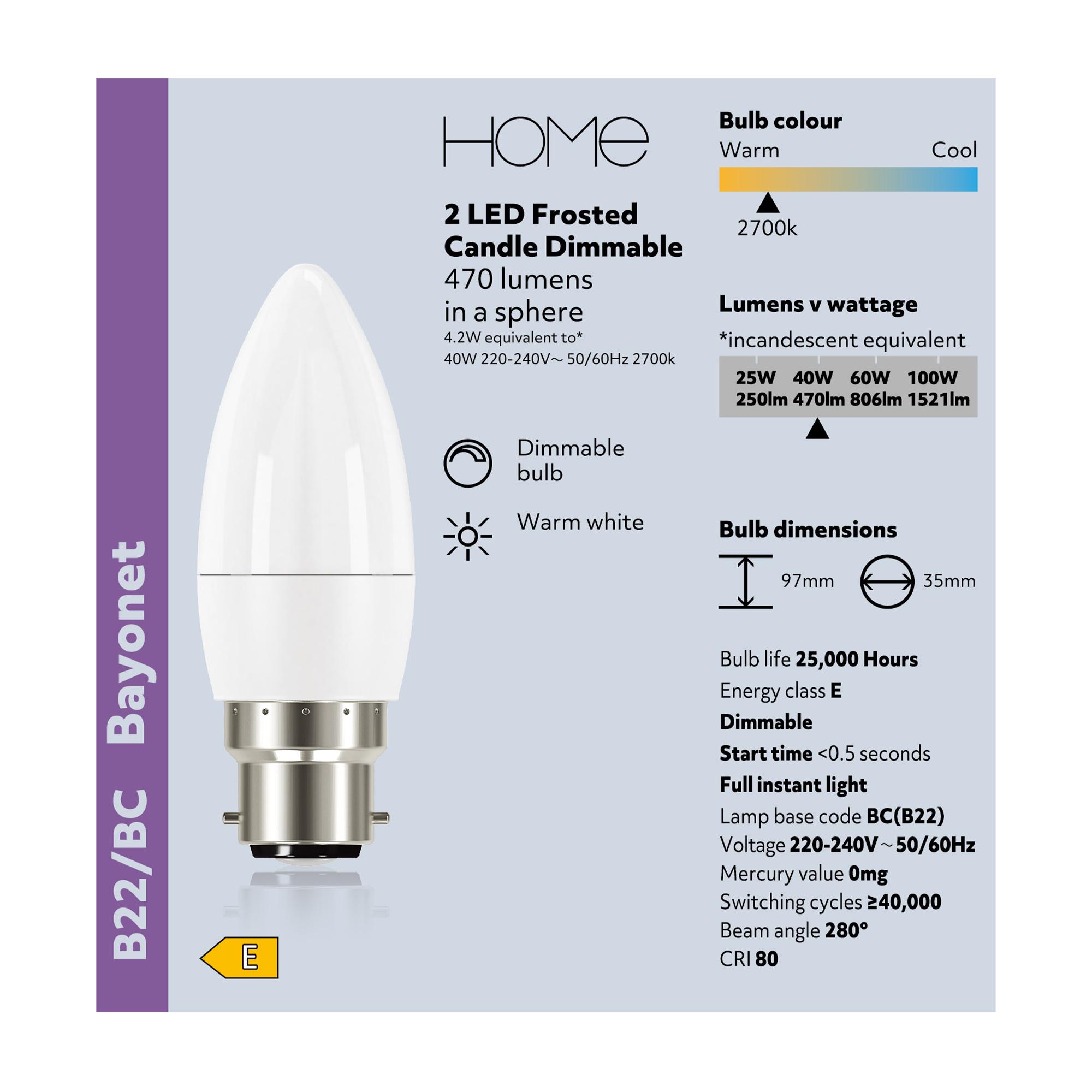 Sainsbury's Home Pack of 2 LED Candle 40W Dimmable BC Light Bulb thumbnail 3