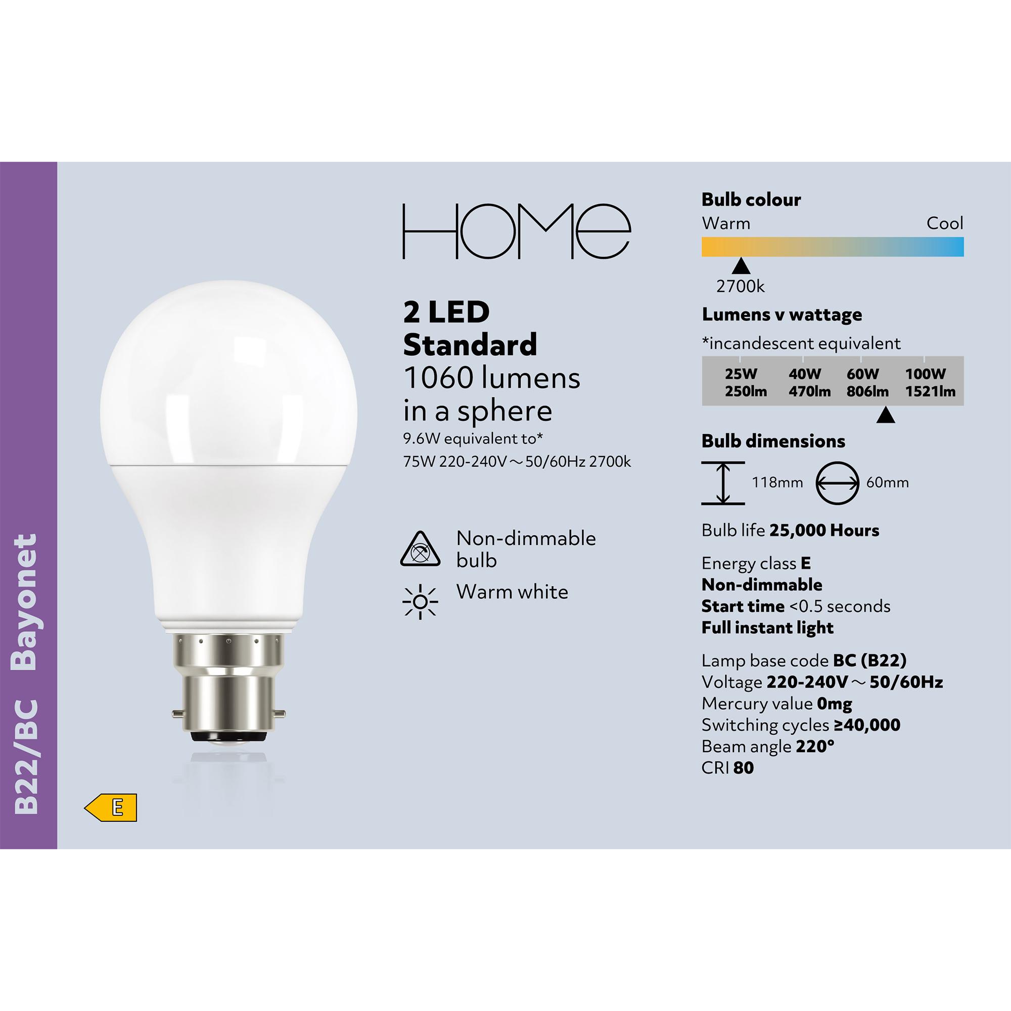 Sainsbury's Home Pack of 2 LED Standard 75W BC Light Bulb thumbnail 3