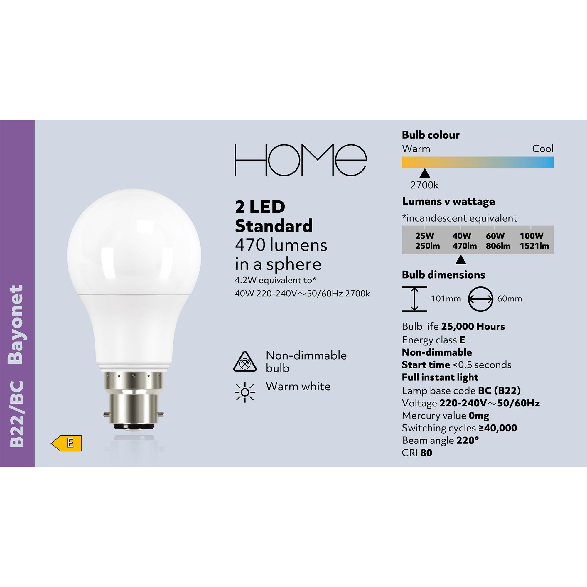 Sainsbury's Home Pack of 2 LED Standard 40W BC Light Bulb thumbnail 3