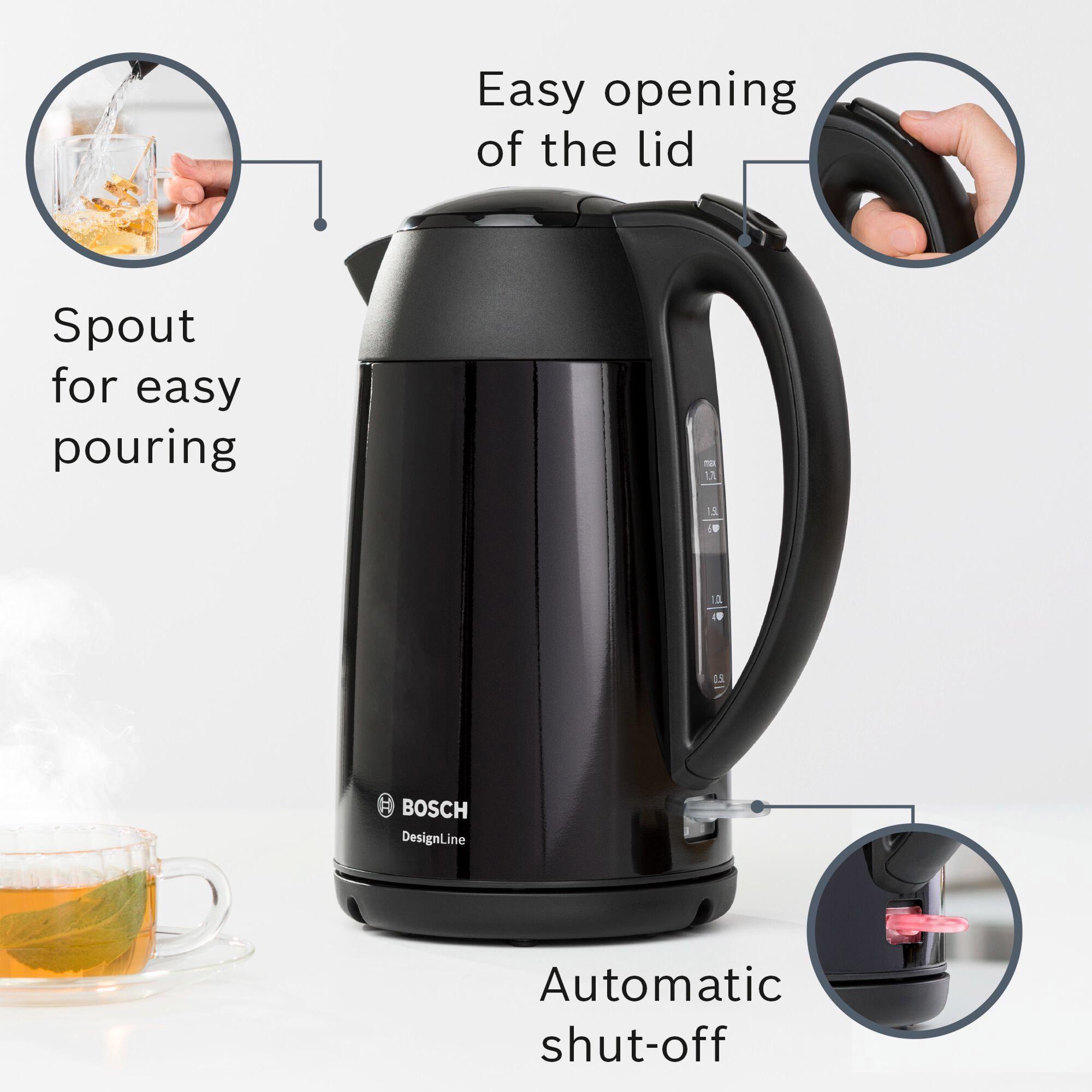 Bosch 1.7L TWK3P423GB DeslineLine Stainless Steel Cordless Kettle - Black thumbnail 3