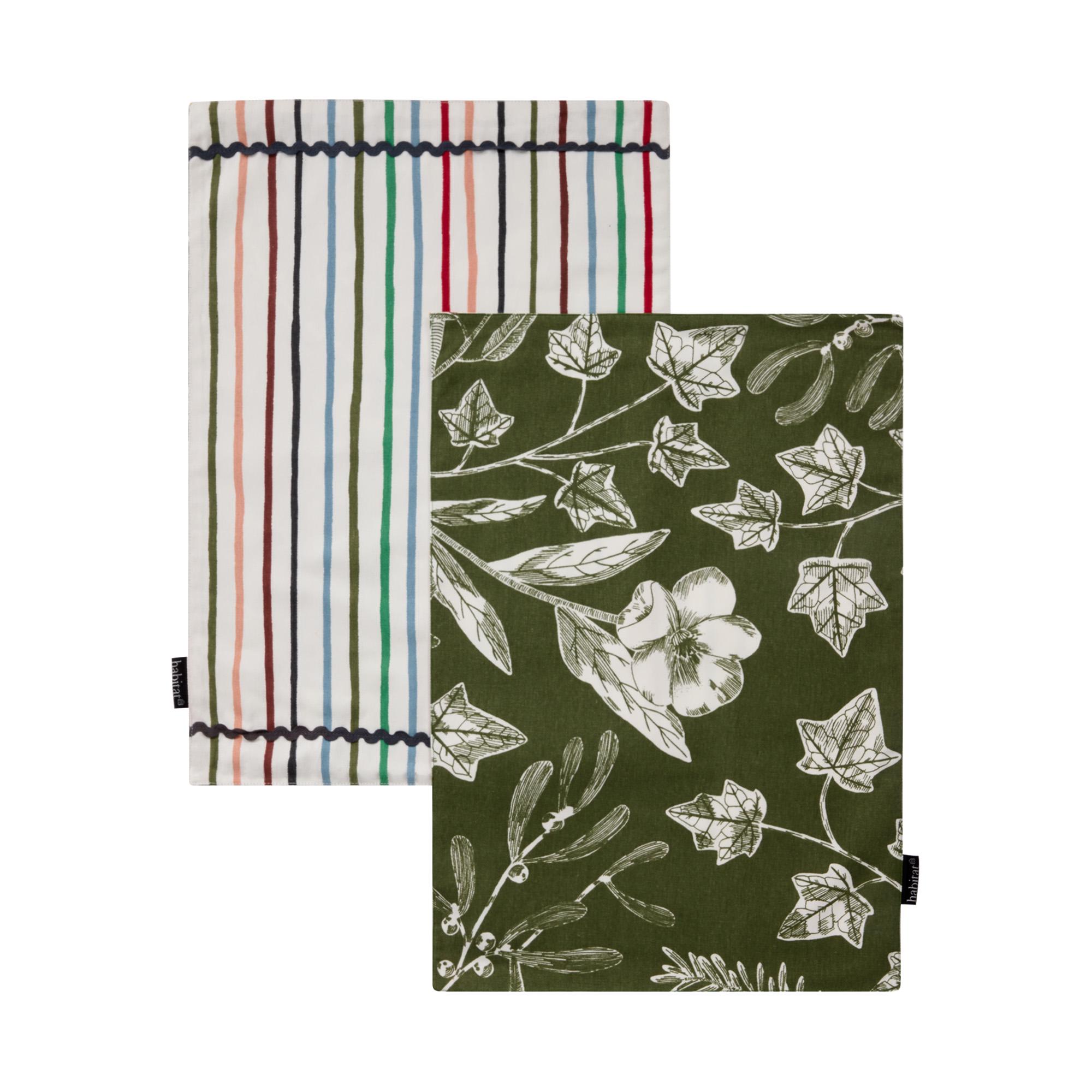 Habitat Pack of 2 Green Floral and Stripe Reversible Placemats