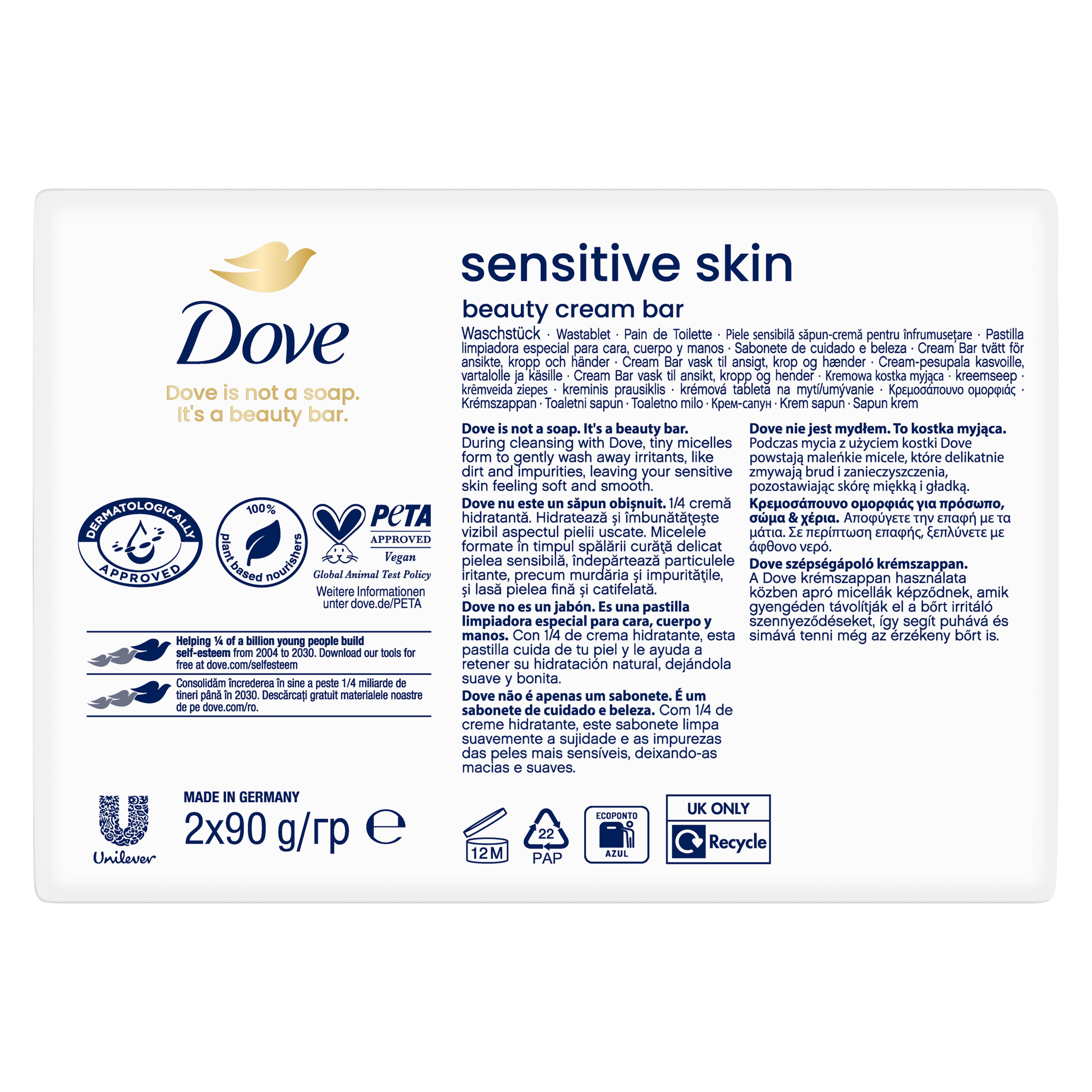 Dove 2 x 90g Pure & Sensitive Skin Hypoallergenic Beauty Bar Cream Soap thumbnail 6