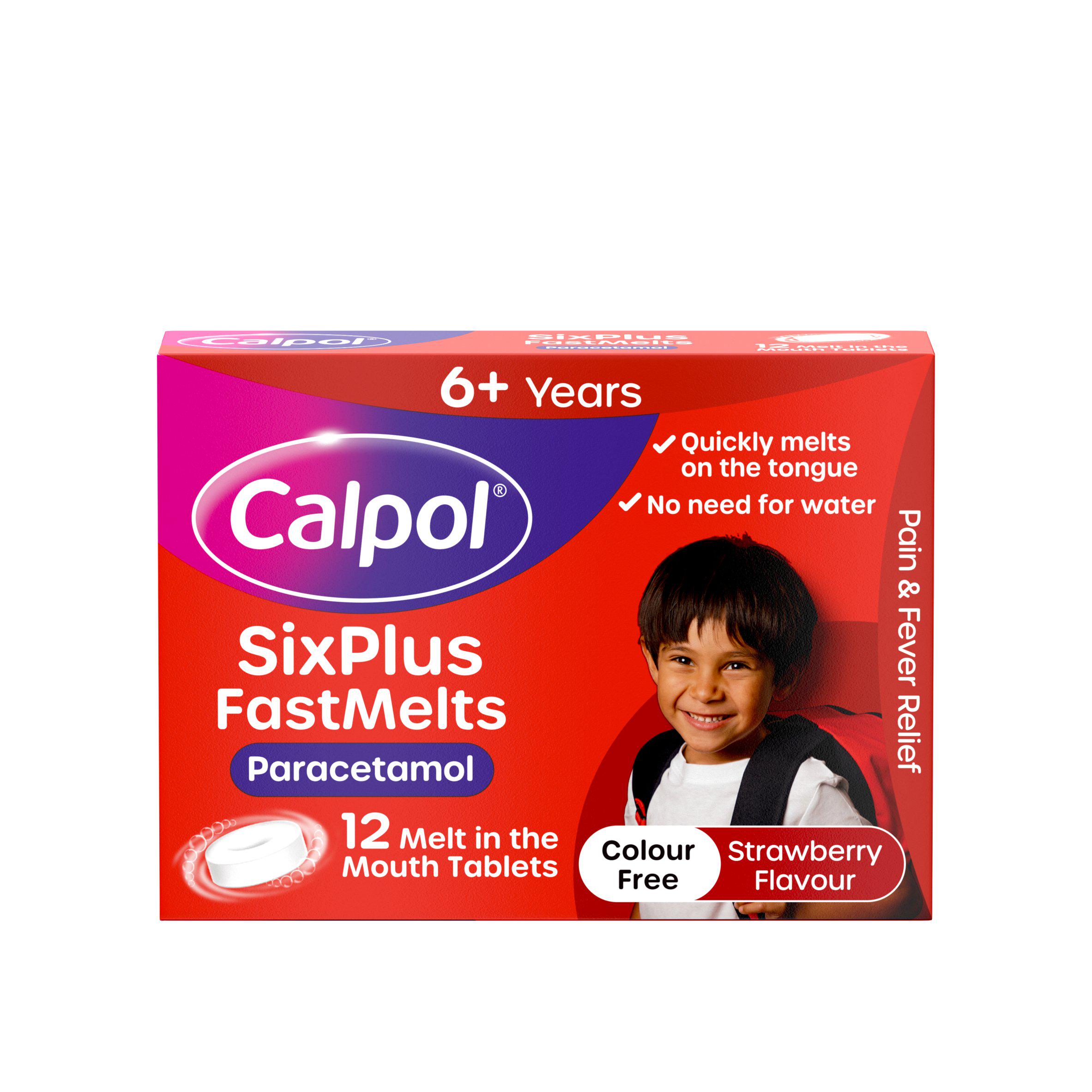 Calpol SixPlus 12 x Fast Melts 6+ Years Strawberry Flavour Paracetamol